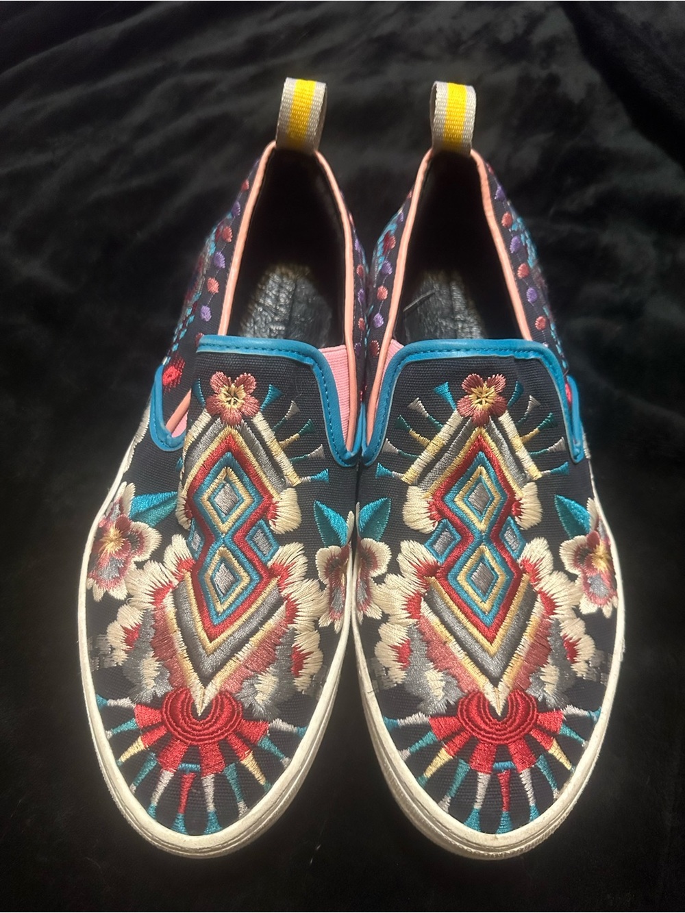 Johnny Was Black Slip-On Sneakers with Multicolor Embroidery